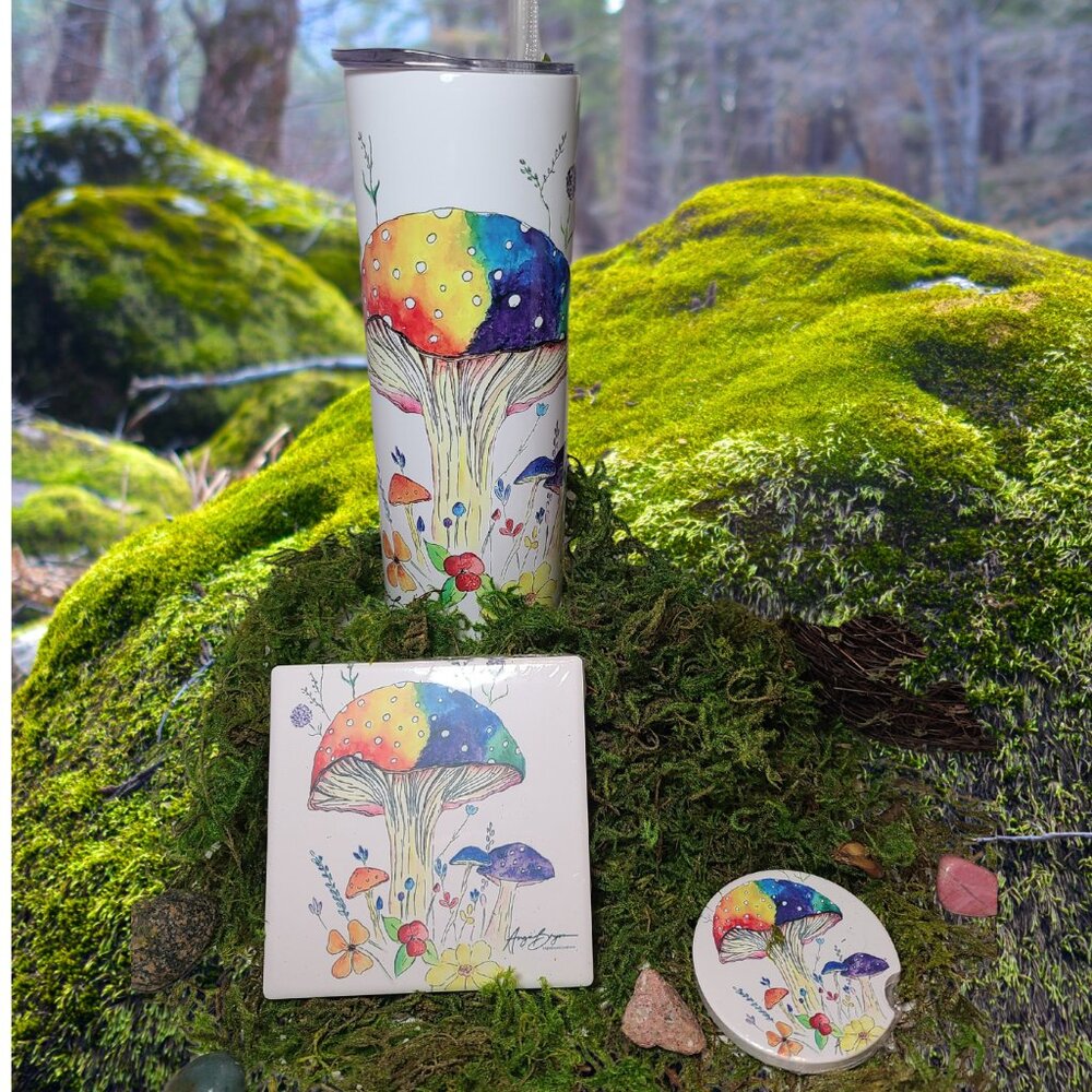 Rainbow Mushroom Set – 20 oz Tumbler, Sandstone & Car Coaster